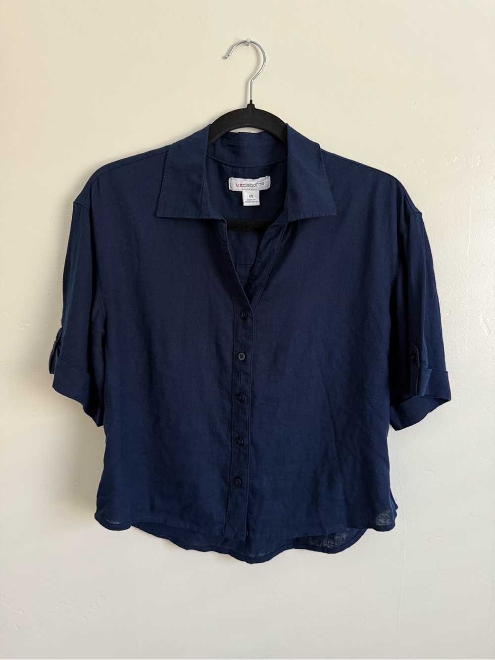 Liz Claiborne Linen-Blend Navy Button-Down Shirt
